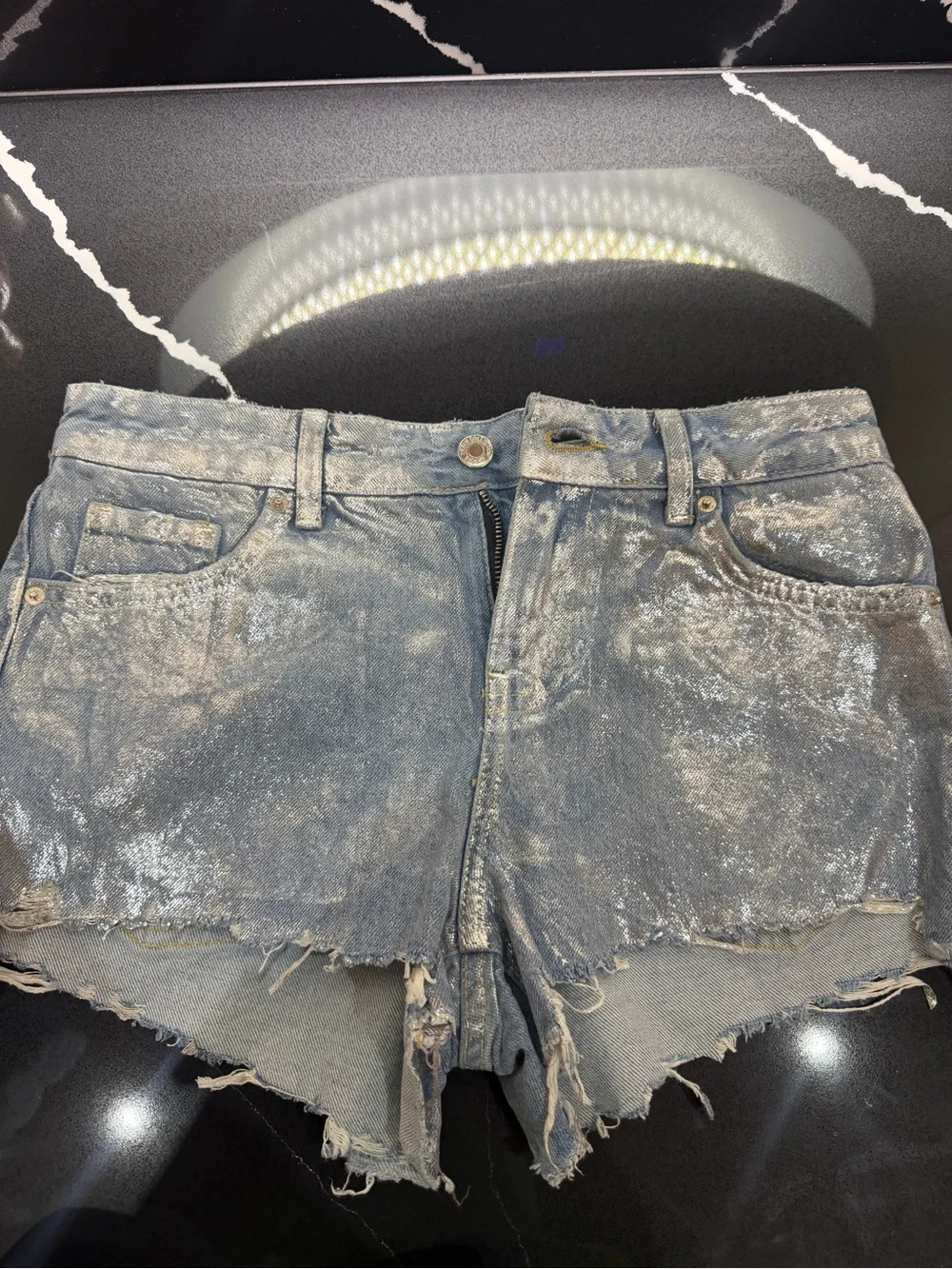 Bershka Silver Washed Distressed Denim Shorts